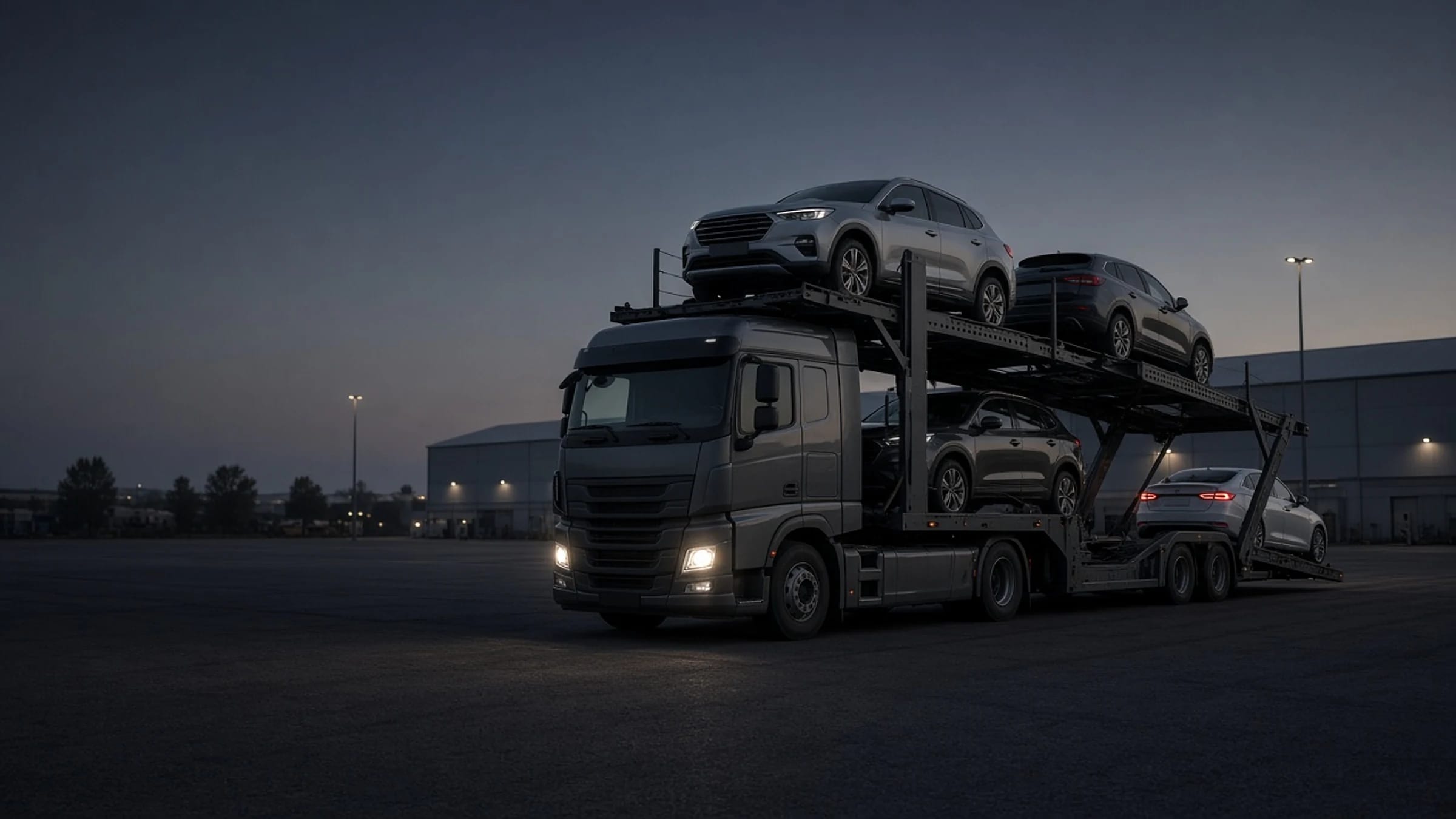 Автовоз с новыми легковыми автомобилями на логистической площадке в сумерках